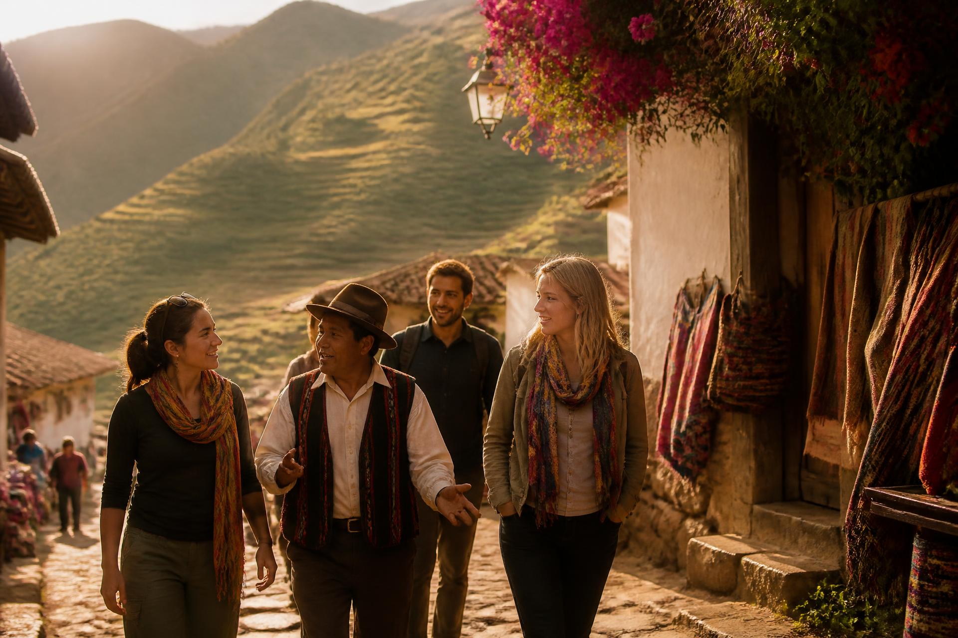 Travelers walking with a local guide along a cobbled street below terraced Andean hillsides